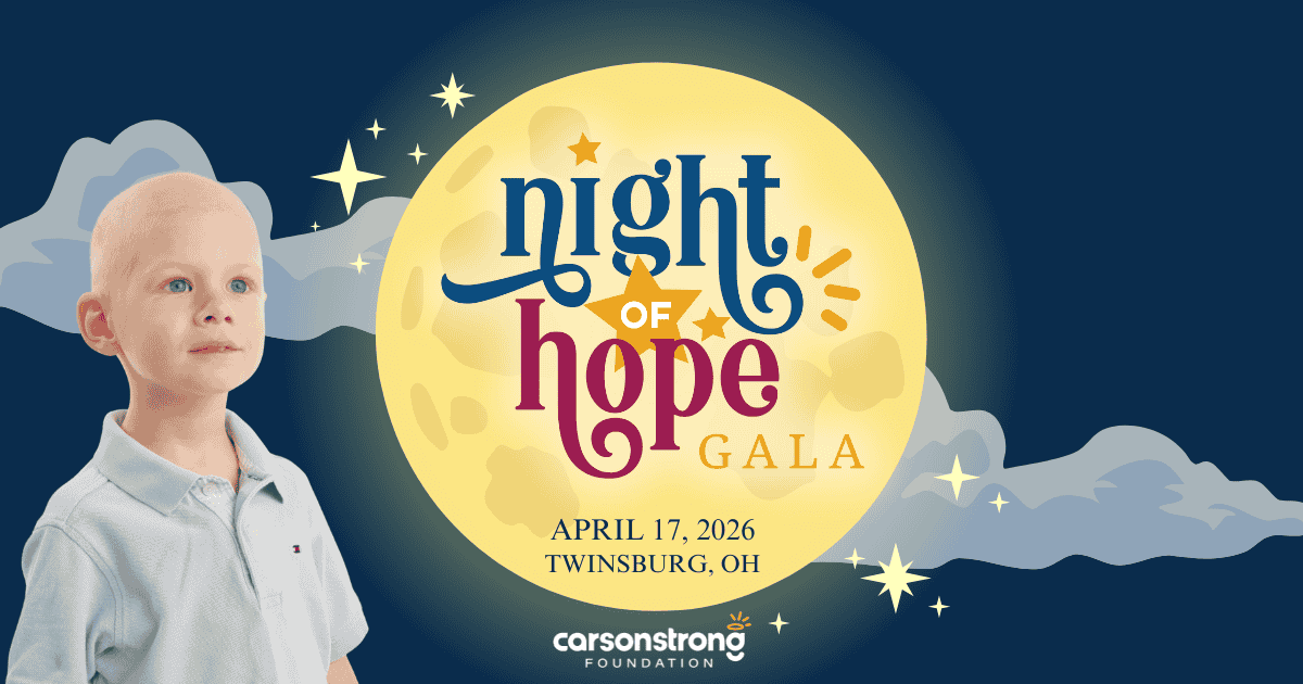 Young boy in a light shirt stands to the left of a large glowing yellow moon with the words 'Night of Hope Gala' and event details nearby.